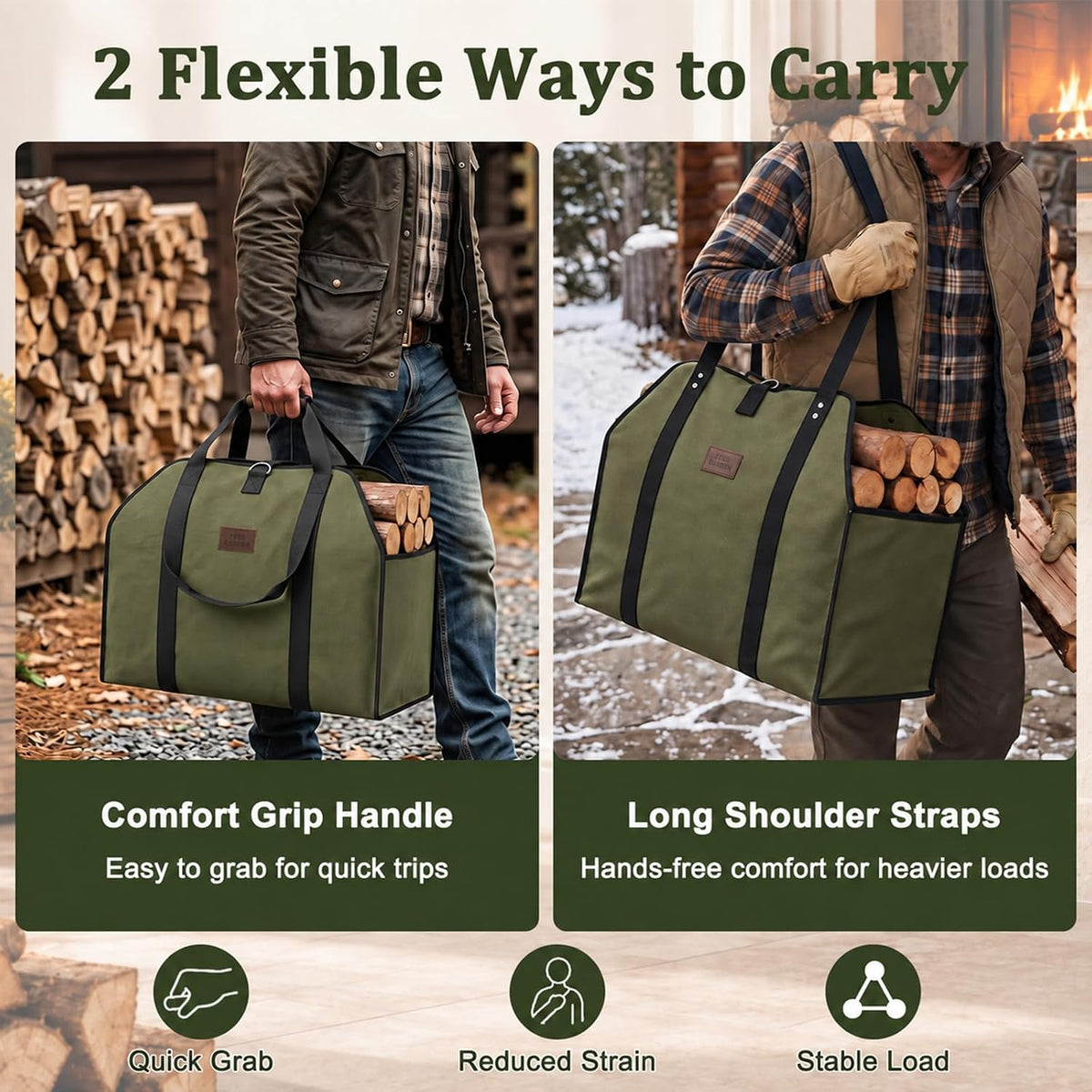 FEED GARDEN Extra Large Firewood Carrier, Waxed Canvas Log Carrier, Green