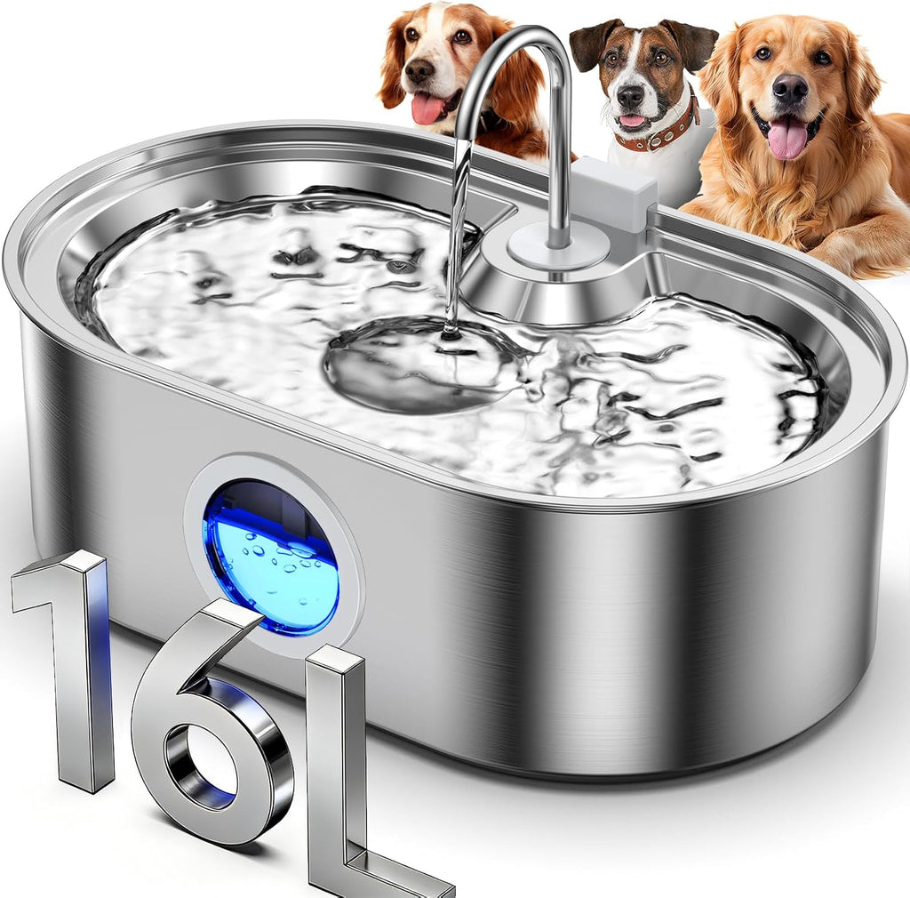 4.2Gal Extra Large Dog Water Fountain, 16L Stainless Steel Pet Water Fountain for Large Dogs, No Spill Dog Water Bowl Dispenser with Deeper Wider Bowl, 68-Cup Water Tank for Multi-Pet
