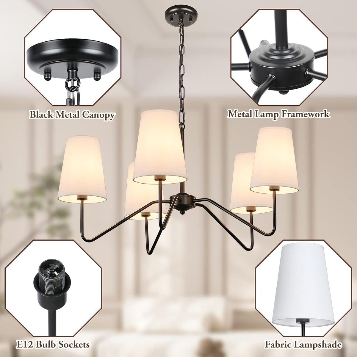5-Light Black 30” Modern Chandelier with White Shades for Dining Room