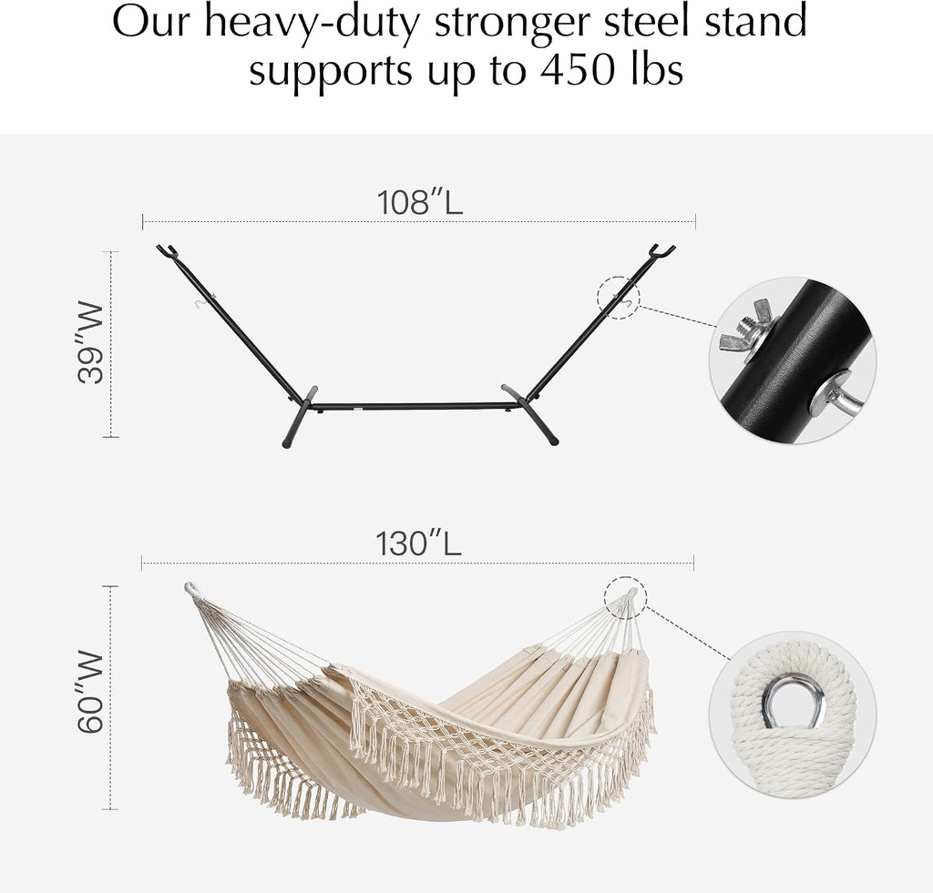 PNAEUT Handmade Tassel Hammock with Stand for Outside, 450 lbs Capacity