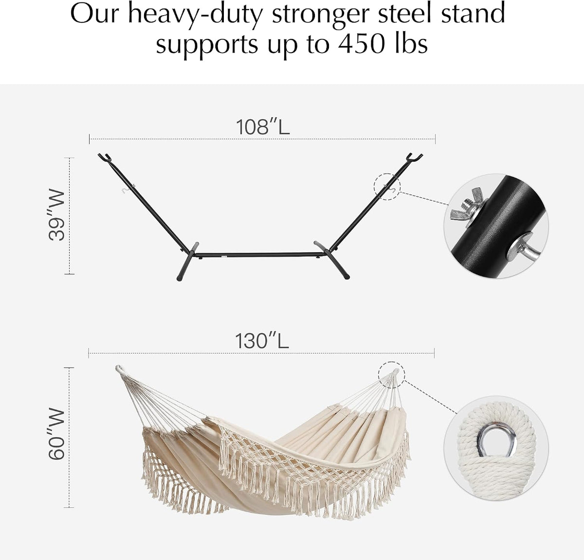 PNAEUT Handmade Tassel Hammock with Stand for Outside, 450 lbs Capacity