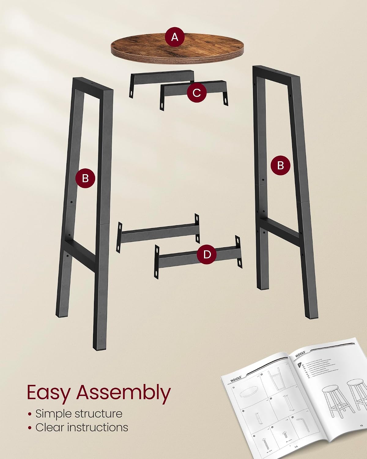 VASAGLE Bar Stools Set of 2 with Round Seat, Modern Basic Style