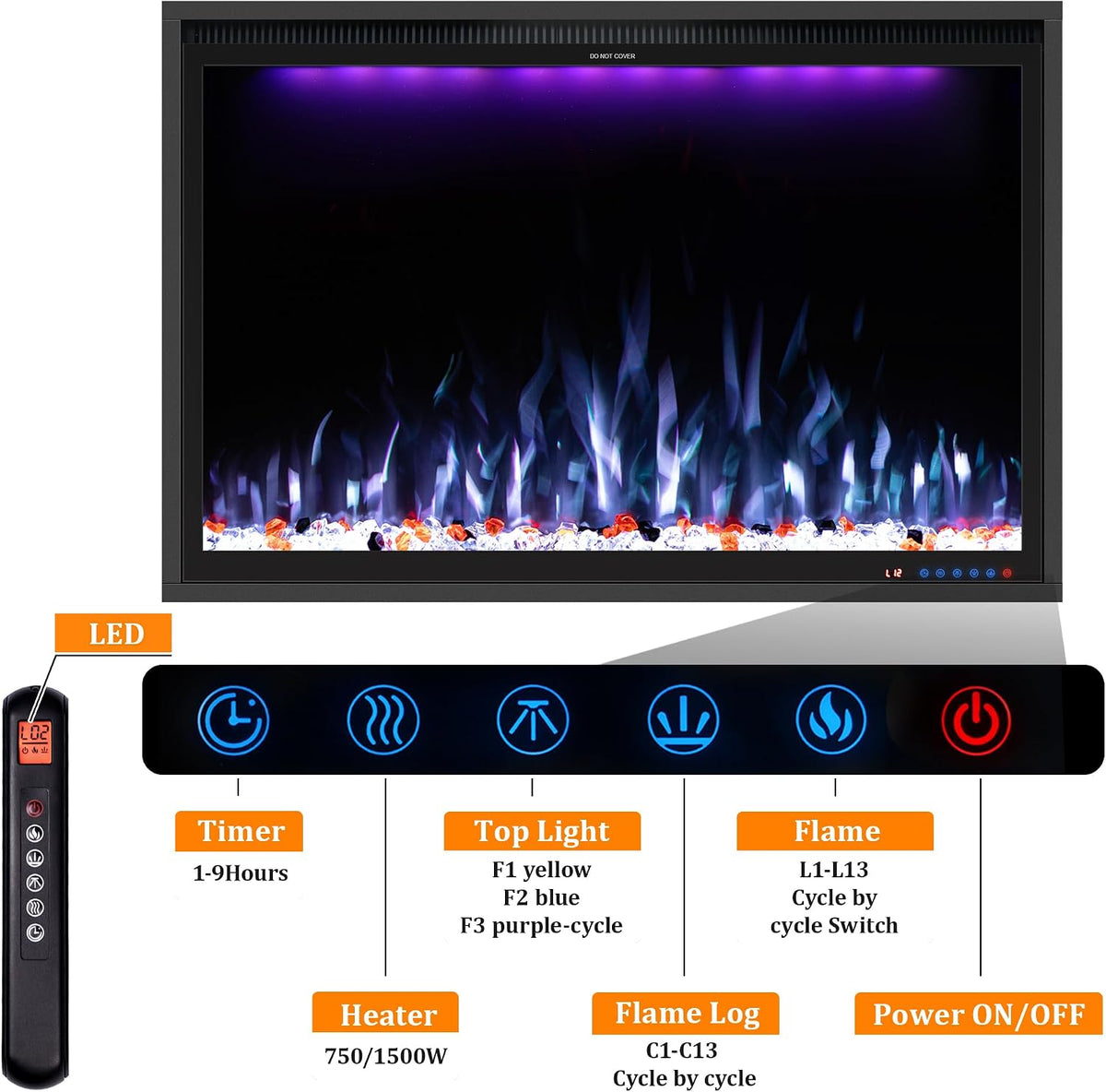 40'' WiFi- Enabled Electric Fireplace Inserts - Alexa & App Control, Slim Recessed & Wall Mounted, 13 * 13 * 3 Flame Color Combinations, 750W/1500W, Black