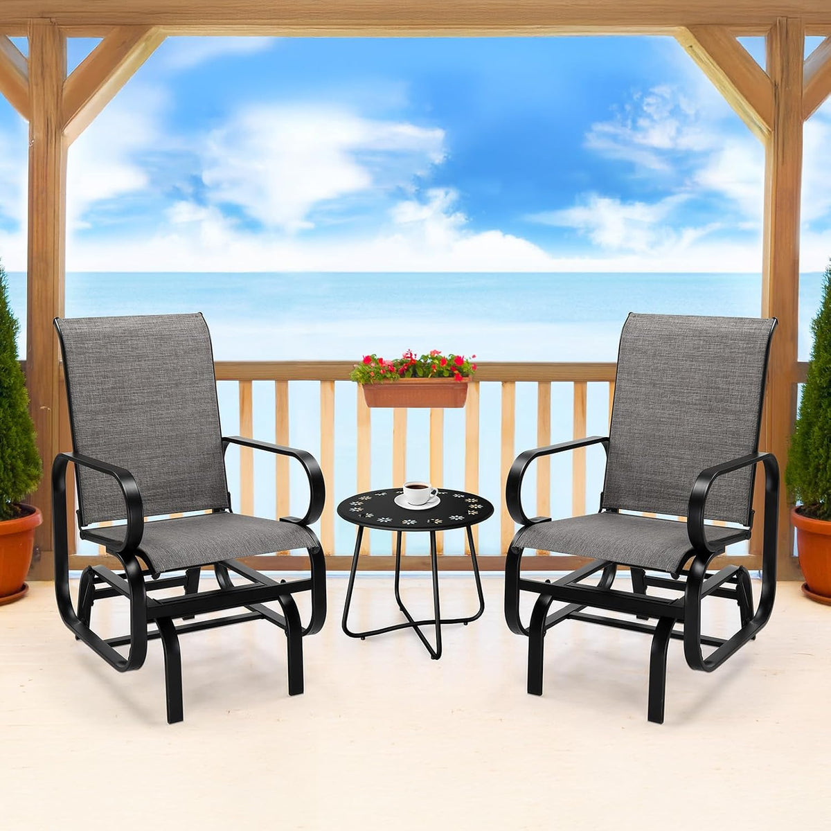 VINGLI Outdoor Glider, Patio Glider with Higher Backrest, Weatherproof Chair with Smooth Rocking Mechanism for Yard, Balcony, Outdoors (Grey, 2PCS)