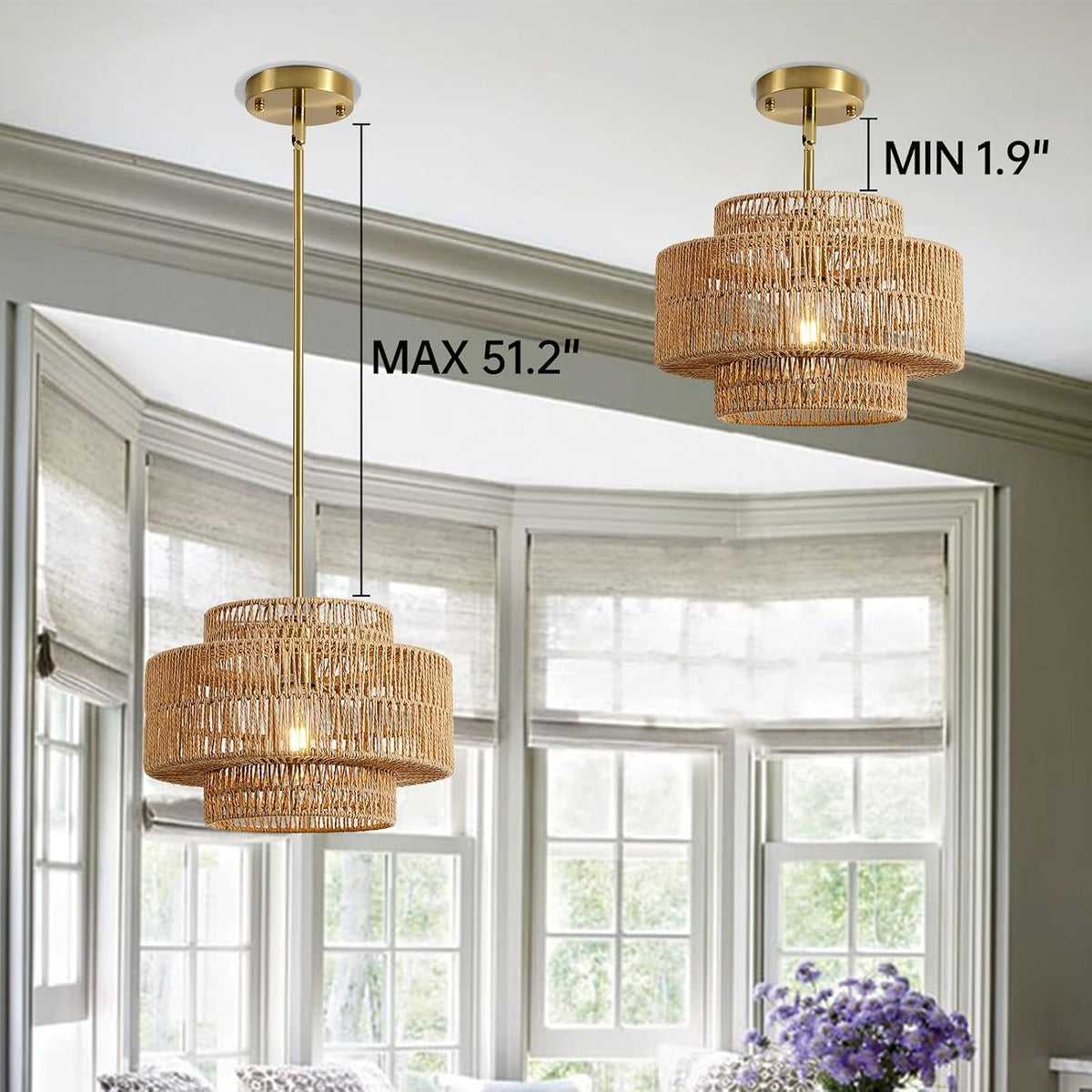 12.4" rattan pendant light for kitchen island, boho, front angle view