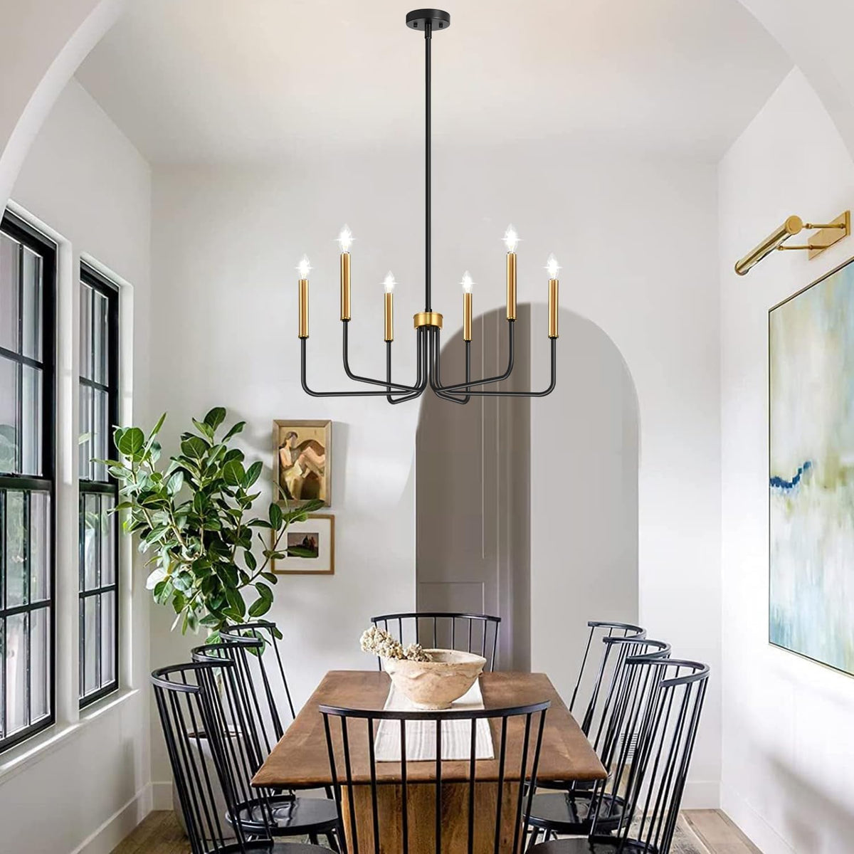 Black and Gold Chandelier, 6-Light Farmhouse Chandelier for Dining Room Lighting Fixtures Hanging, Dining Light Fixtures Industrial Modern Light Fixture for Bedroom, Foyer, Living Room and Entryway