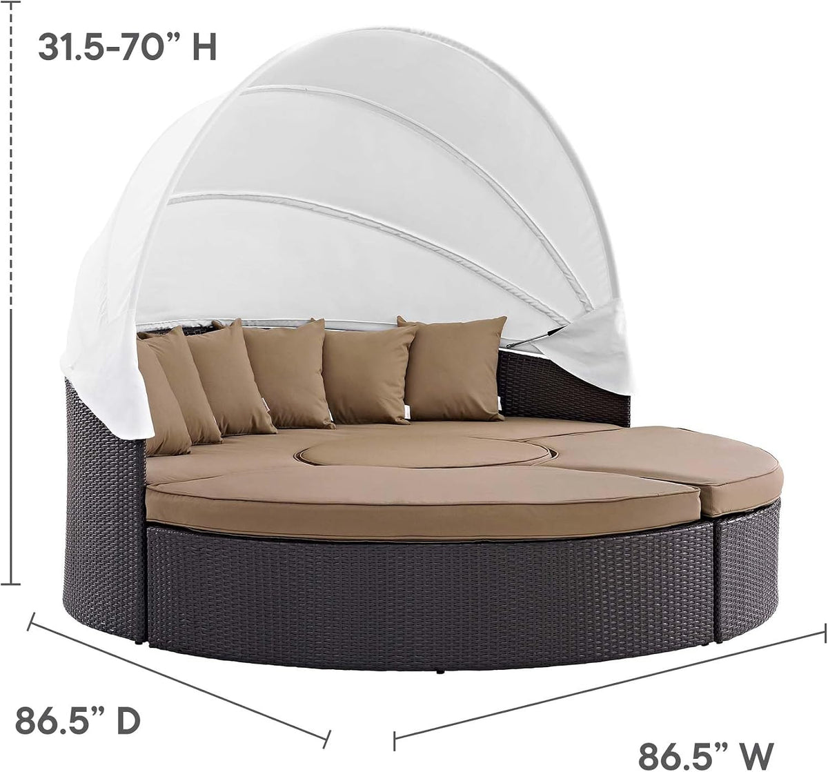 Modway Convene Wicker Rattan Outdoor Patio Retractable Canopy Round Poolside Sectional Sofa Daybed with Cushions in Espresso Mocha