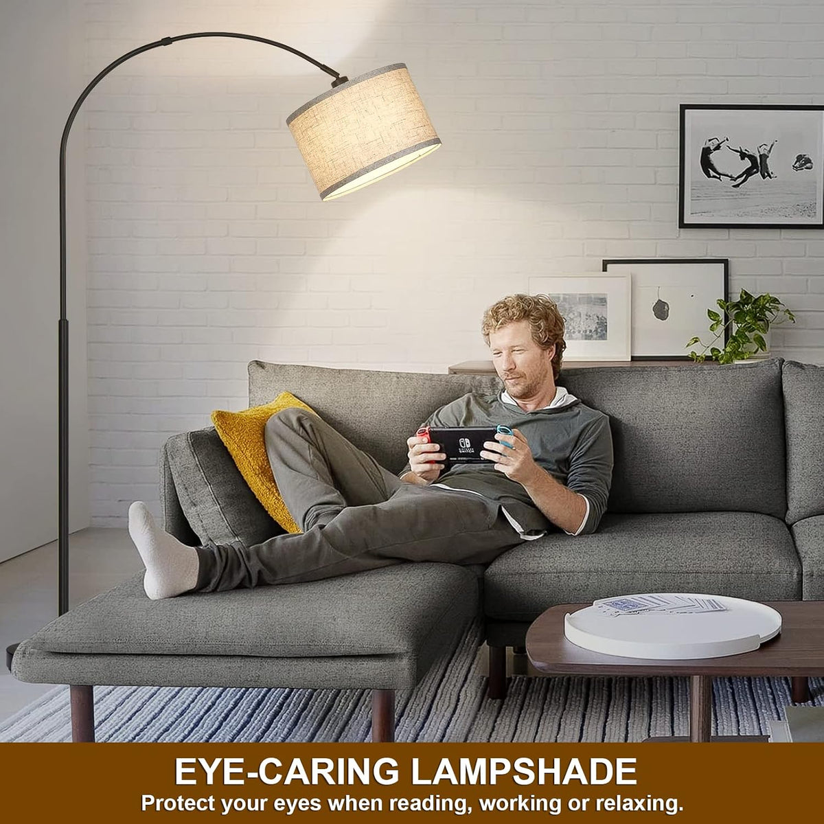 Seaside village Arc Floor Lamps for Living Room, Modern Standing Lamp with Adjustable Hanging Drum Shade, Tall Pole Lamp with Foot Switch, Over Couch Arched Reading Light for Bedroom, Office (Black)