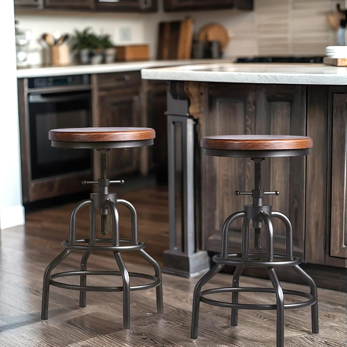 LOKKHAN Vintage Industrial Bar Stool-Rustic Swivel Barstools-Round Wood Metal Base-Kitchen Counter Height Adjustable Pipe Stool-Cast Steel Chairs 20-27 Inch (Set of 2)
