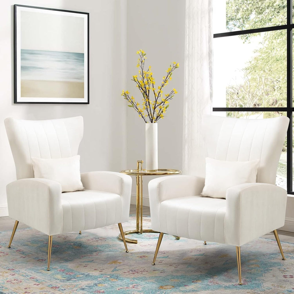 ZJhome Modern Living Room Chairs Velvet Accent Chair Armchair with Lumbar Pillow, High Back Bedroom Chairs Vanity Chair Barrel Chair Arm Chair with Gold Legs, White