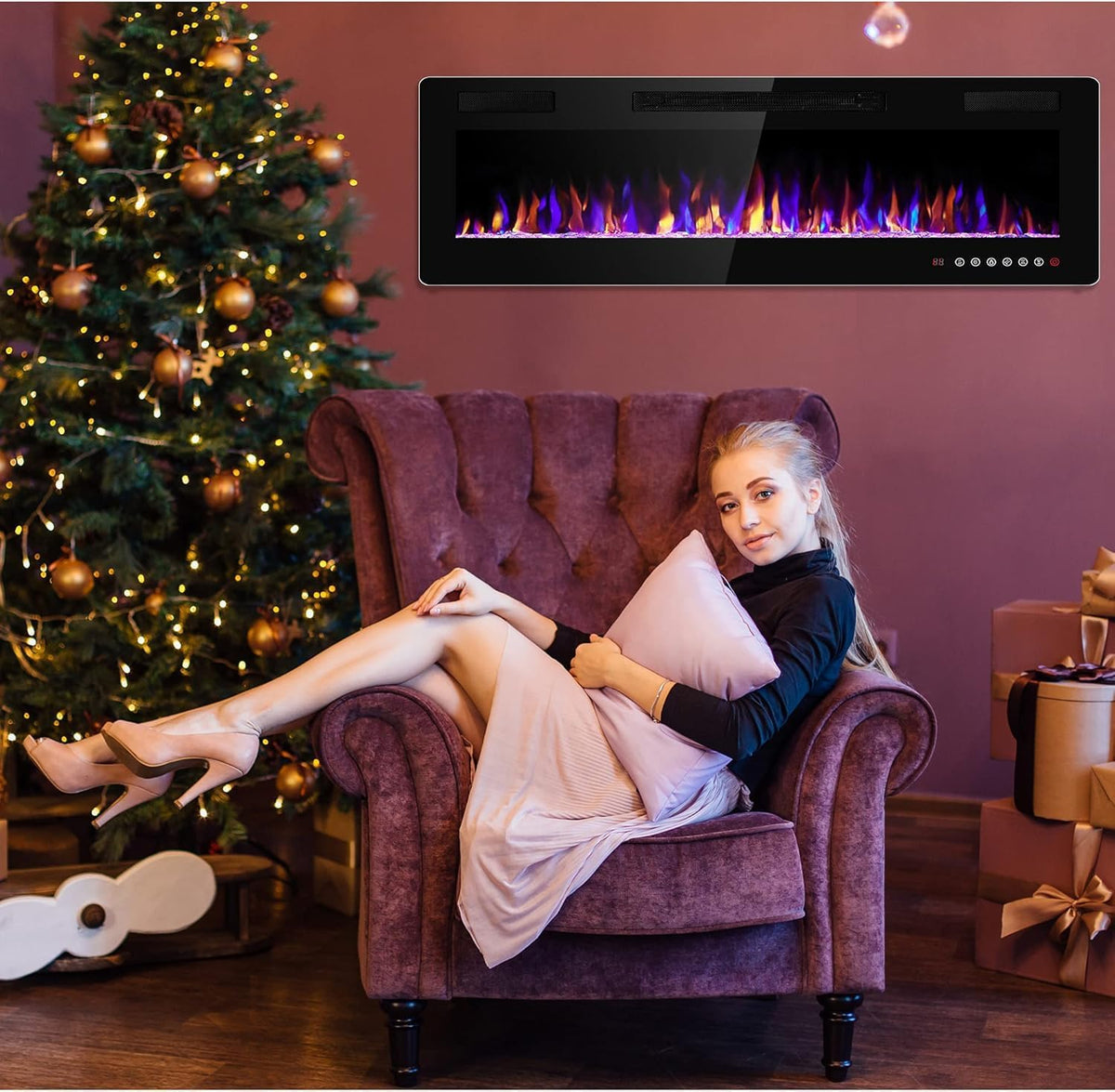 Electactic 68 Inch Electric Fireplace Insert Ultra-Thin - Recessed & Wall-Mounted Fireplace Heater with Thermostat, Adjustable Flame, Remote Control - Linear with Timer, Touch Screen, 750/1500W