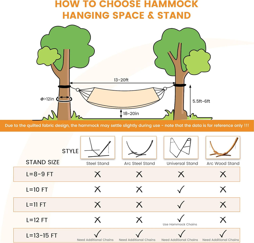 Lazy Daze Double Quilted Hammock with Pillow for Outside, Fit 13-15Ft Stand