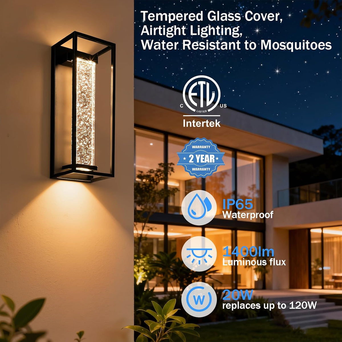 16 Inch Modern Outdoor Wall Sconce, Matte Black Waterproof Exterior Wall Light with Metal Frame and Crystal Bubble Glass, LED 3000K Warm White Lantern for Porch Garage Patio Lighting (1 Pack)