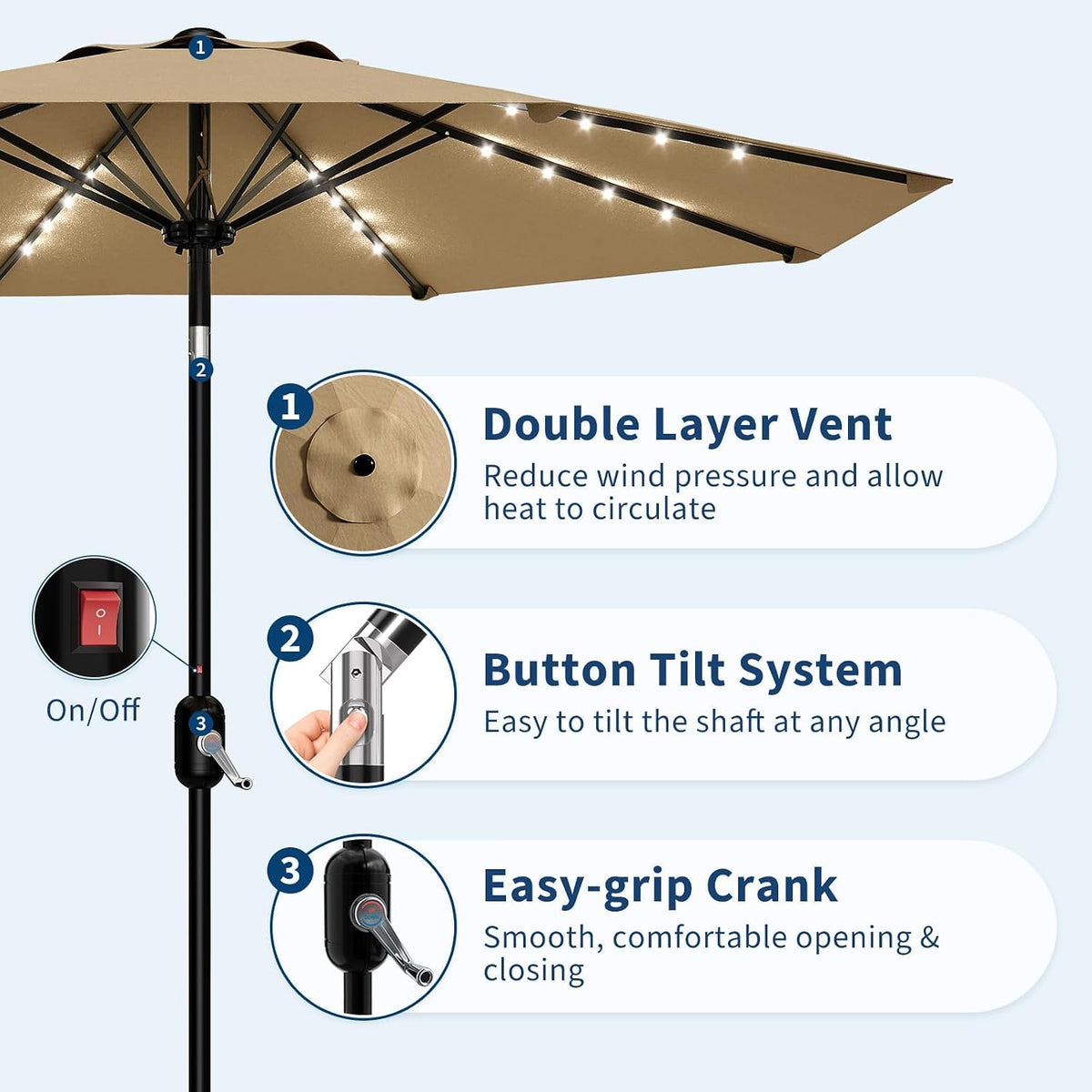 Garvee patio Umbrella with Solar Lights, Outdoor Table Umbrella with 8 Durable Ribs, Tilt & Crank Mechanism, Waterproof & UV Protection for Garden, Backyard, Poolside,