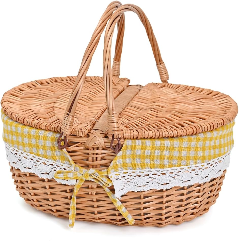 Large 15.4" Wicker Picnic Basket with Removable Liner Empty Picnic Baskets with Lid, Picnic Hamper with Foldable Handles for Picnic, Yellow Checkered, Large