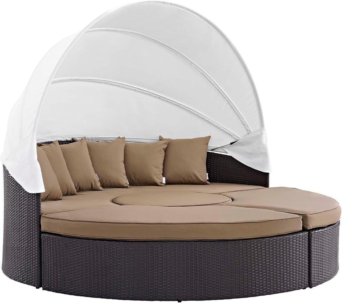 Modway Convene Wicker Rattan Outdoor Patio Retractable Canopy Round Poolside Sectional Sofa Daybed with Cushions in Espresso Mocha