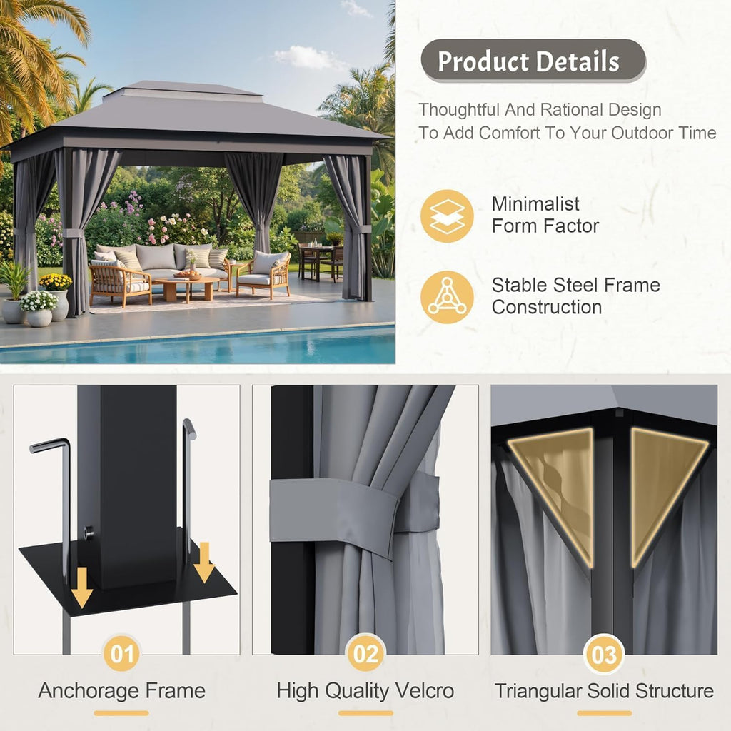 Devoko 10'x13' Outdoor Gazebo for Patio, Heavy Duty Steel Frame Canopy
