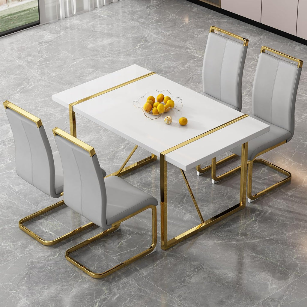 Ebullient White Dining Table Set for 4，Rectangular MDF Dining Table and Dark Grey Faux Leather Dining Chairs, 5 Piece Dining Table Set，Modern Dining Room Table Set with Metal Frame