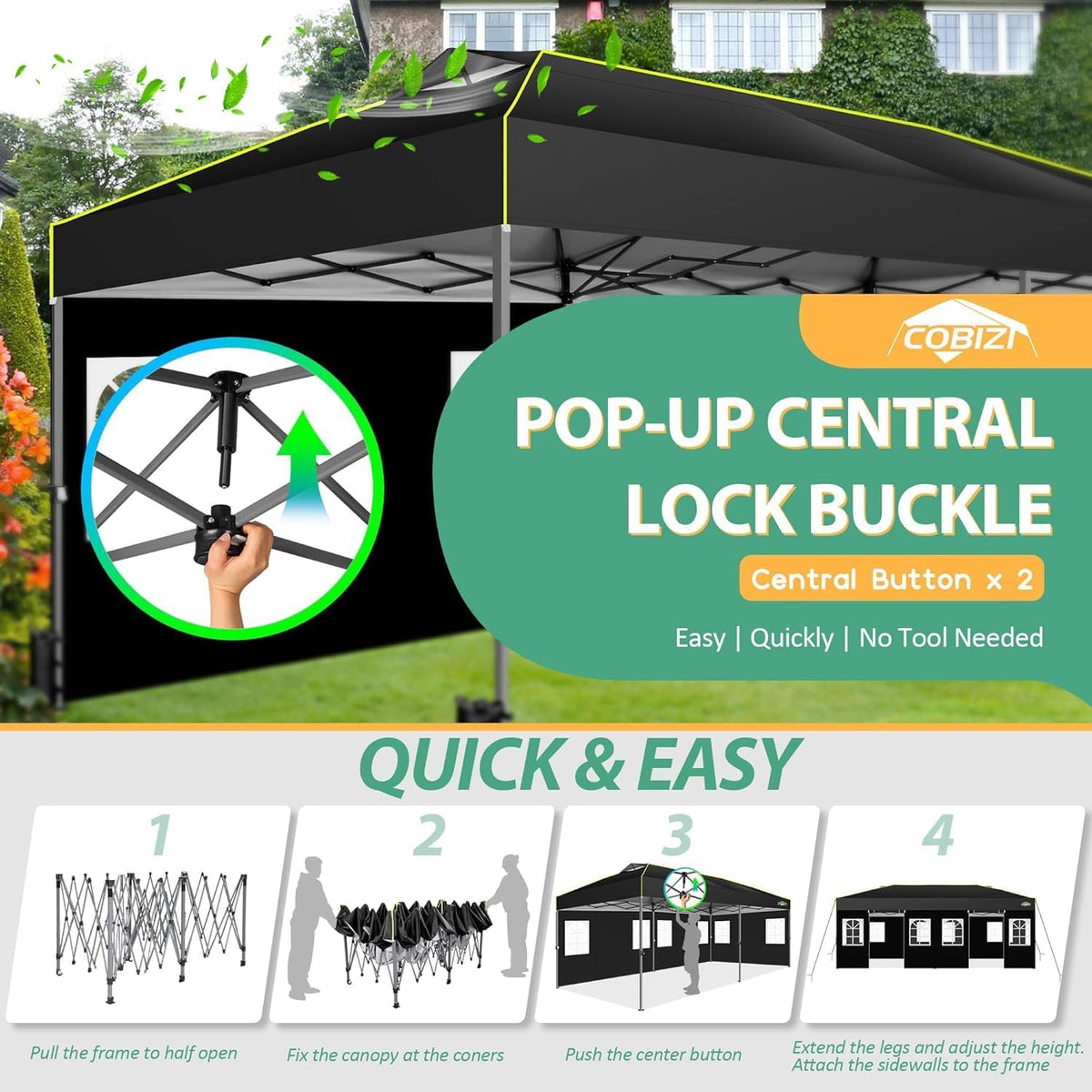 COBIZI 10x20 Pop Up Canopy with 6 Sidewalls One Push Setup, Black