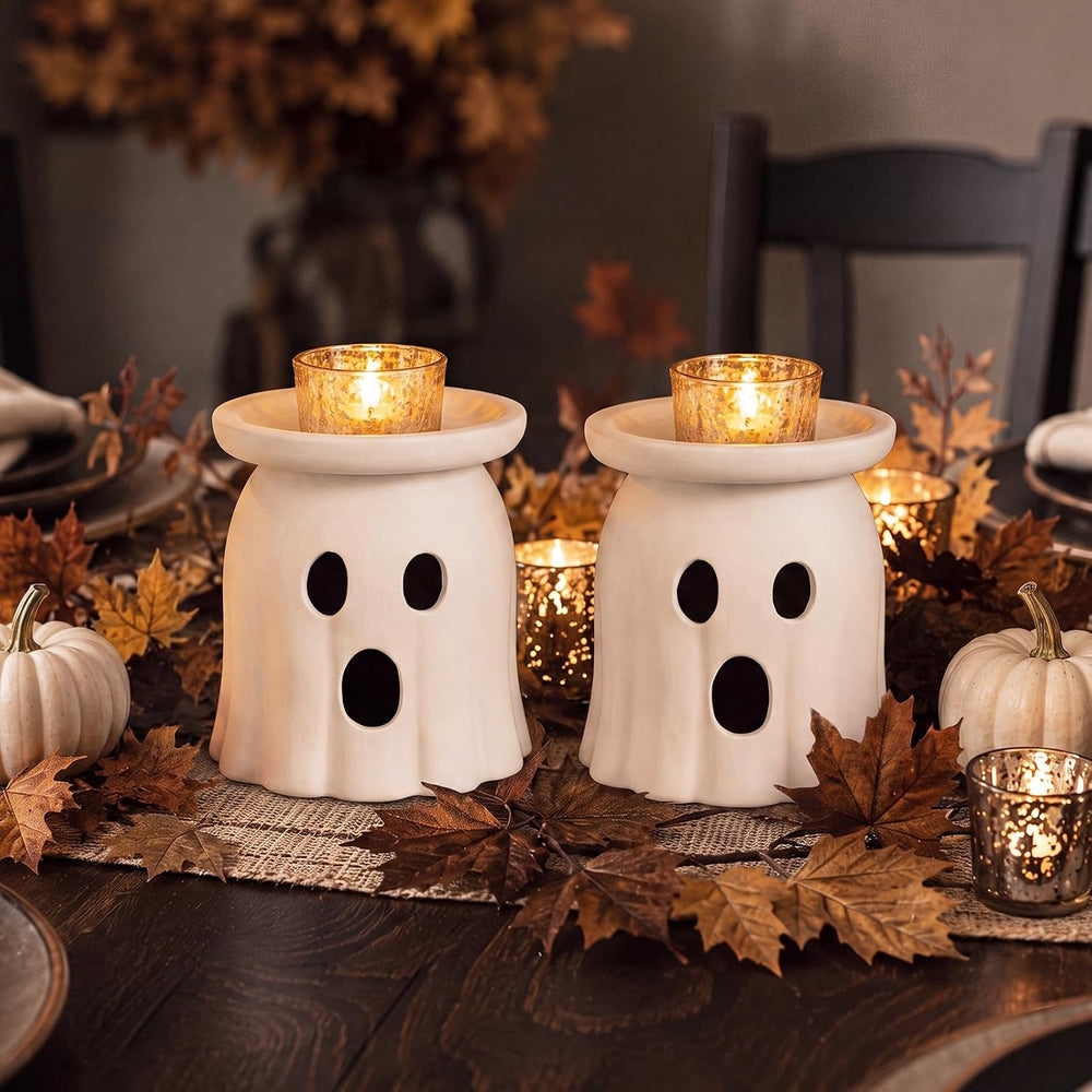 Tioncy 2 Pcs Halloween Terracotta Ghost Candle Holder Table Decor White