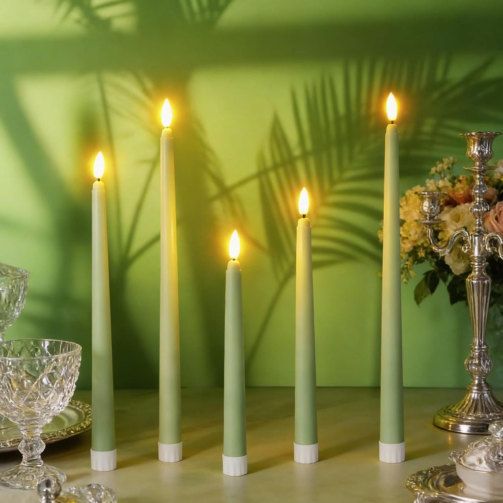 Rossesay 48 Pcs Flameless LED Taper Candles Battery Operated Candles 4 Sizes of 8.5'', 9.65'', 10.83'', 12.8'' Flameless Candlesticks Flickering for Halloween Christmas Church Wedding(Sage Green)
