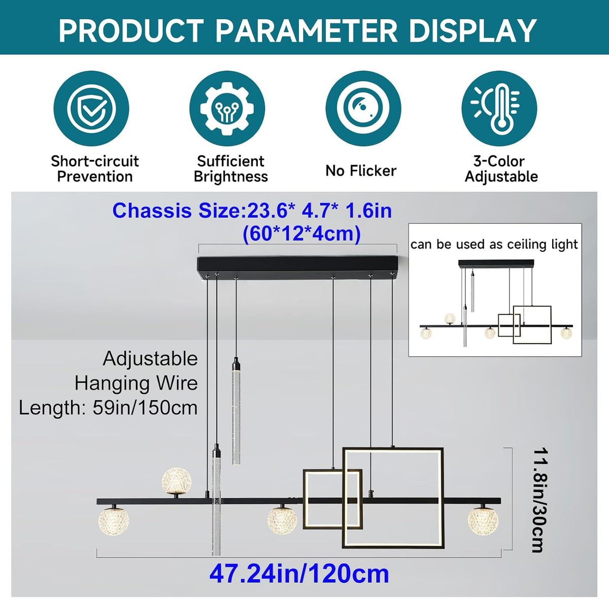 ORANOOR Modern LED Pendant Lights, 47inch Dimmable Linear LED Chandelier