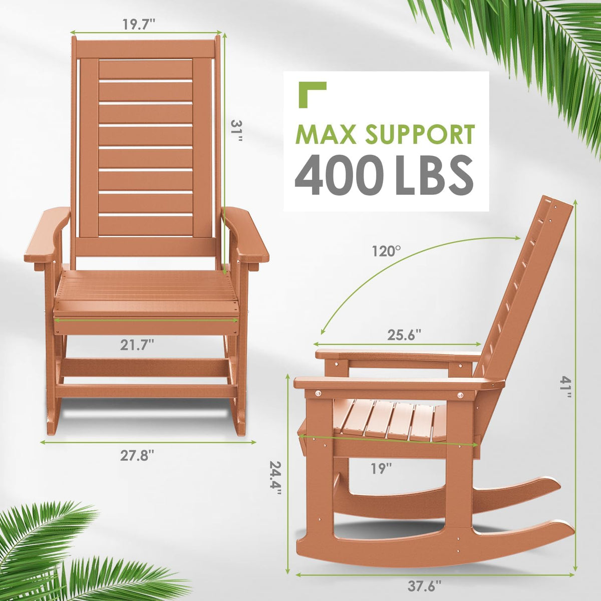 GREENVINES Oversized Outdoor Rocking Chairs Set of 4, HDPE Rocker, Teak