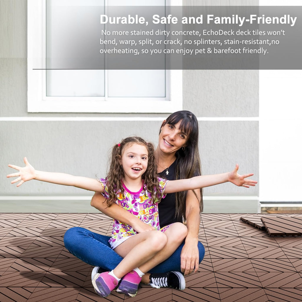 EchoDeck Interlocking Deck Tiles,54 Pack Deck Tiles Interlocking Outdoor All Weather,Patio Deck Tiles,12"x12",Diagonal,Sturdy Base,Highly Durable,Stylish,Non-Slip,Faster-Drying,Efficient,Brown