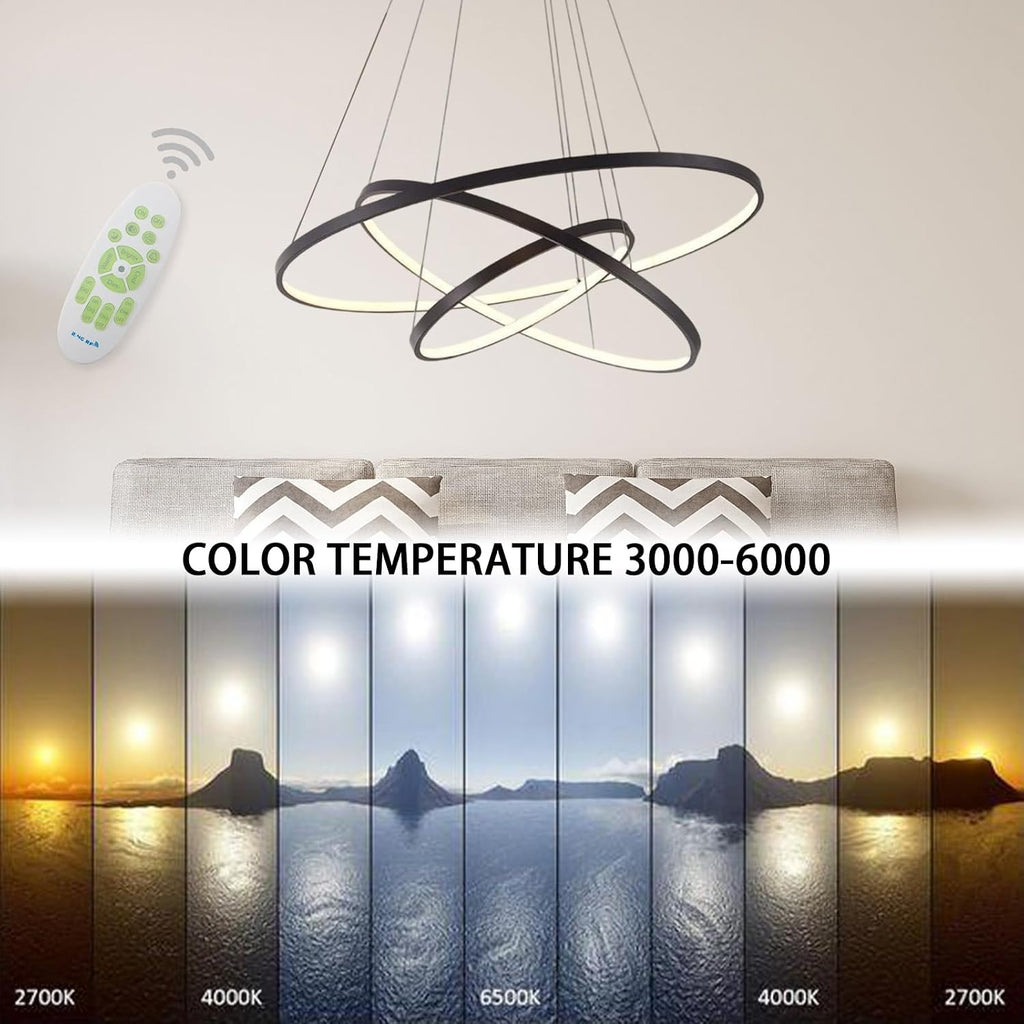 LightInTheBox Modern LED Chandelier 3 Ring Chandelier Dimmable Circular Dining Ceiling Pendant Light for Dinning Room Living Room 60+40+20cm (Black; Light Source: Stepless Dimming)