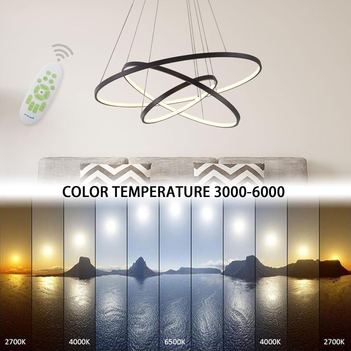 LightInTheBox Modern LED Chandelier 3 Ring Chandelier Dimmable Circular Dining Ceiling Pendant Light for Dinning Room Living Room 60+40+20cm (Black; Light Source: Stepless Dimming)