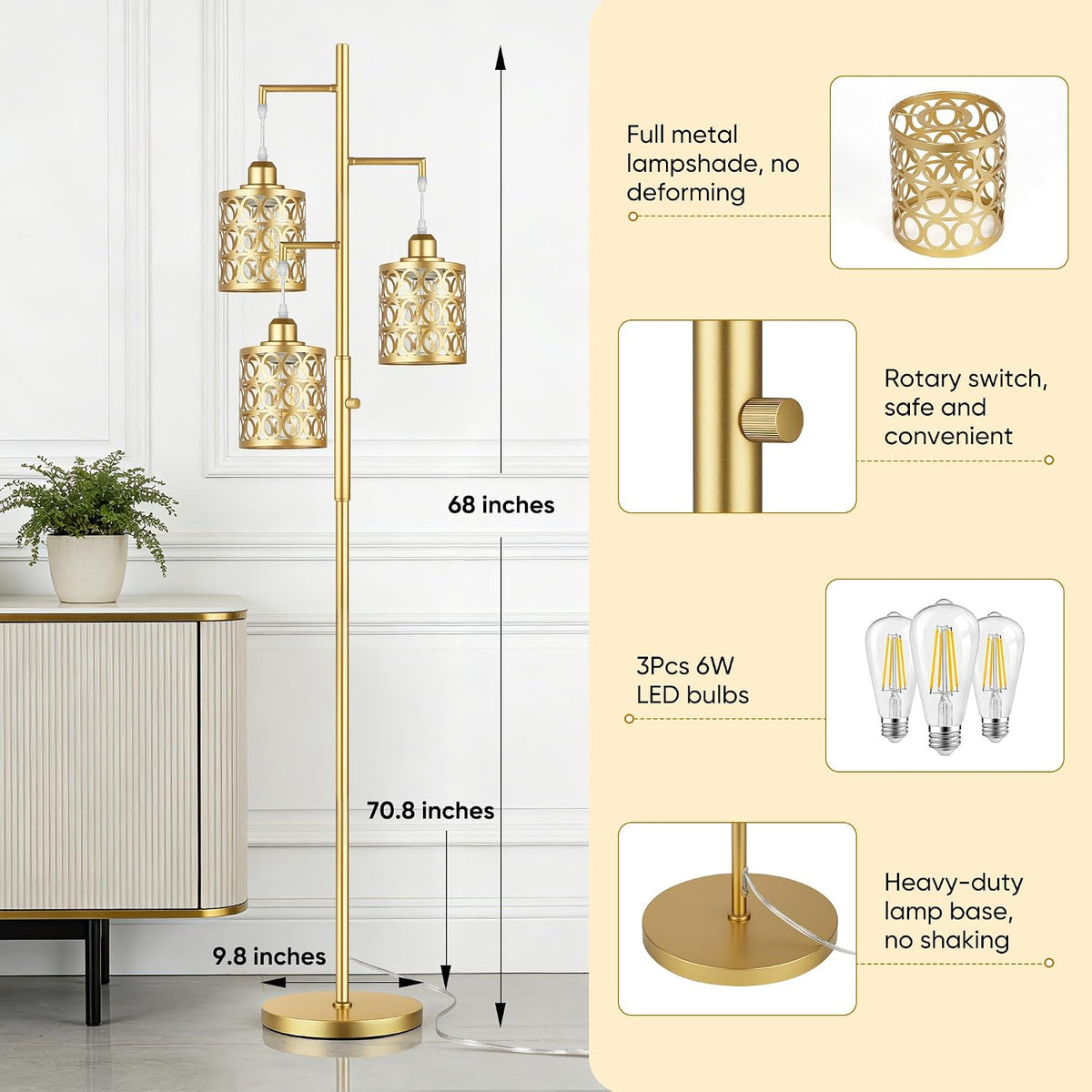 68" Tall Gold Industrial Floor Lamps for Living Room, Modern Standing Lamp