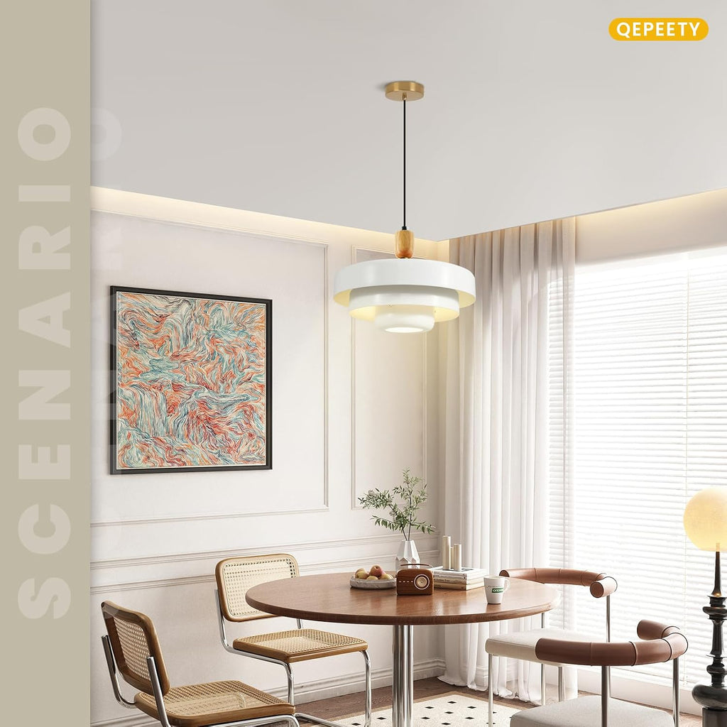 3-layer white metal shade pendant light, mid century shown in use