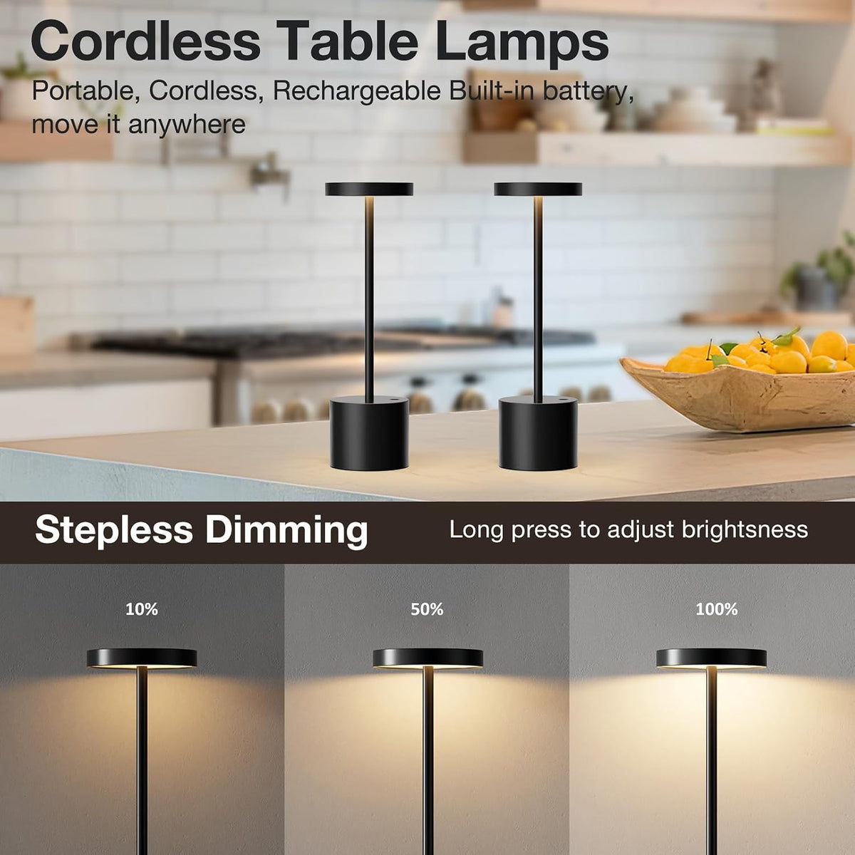 cordless rechargeable table lamp, 4000mah battery operated, black, package contents