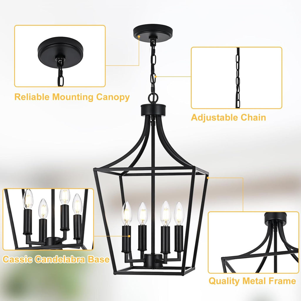 4-light farmhouse lantern chandelier, black pendant light fixture on a desk or shelf