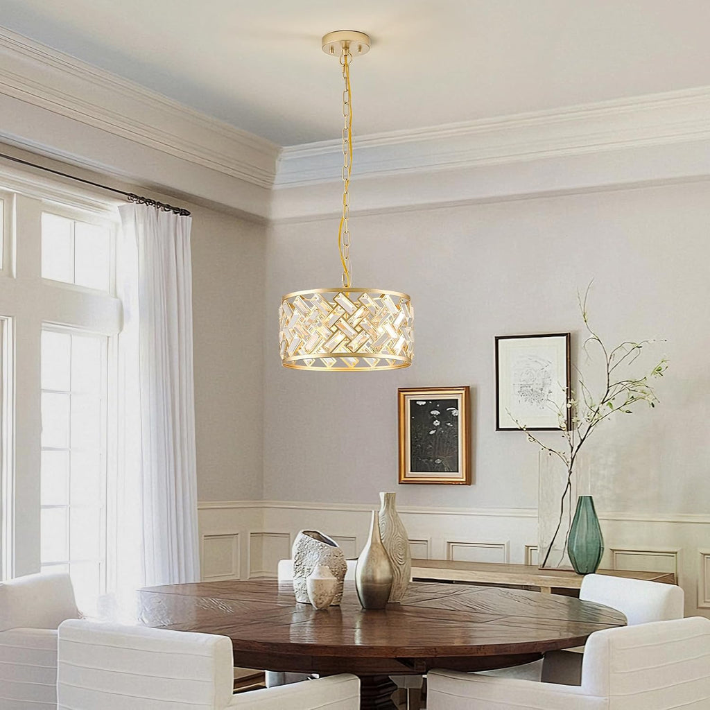 12.4" Gold Crystal Chandelier, Morden 3-Light Dining Room Light Fixture