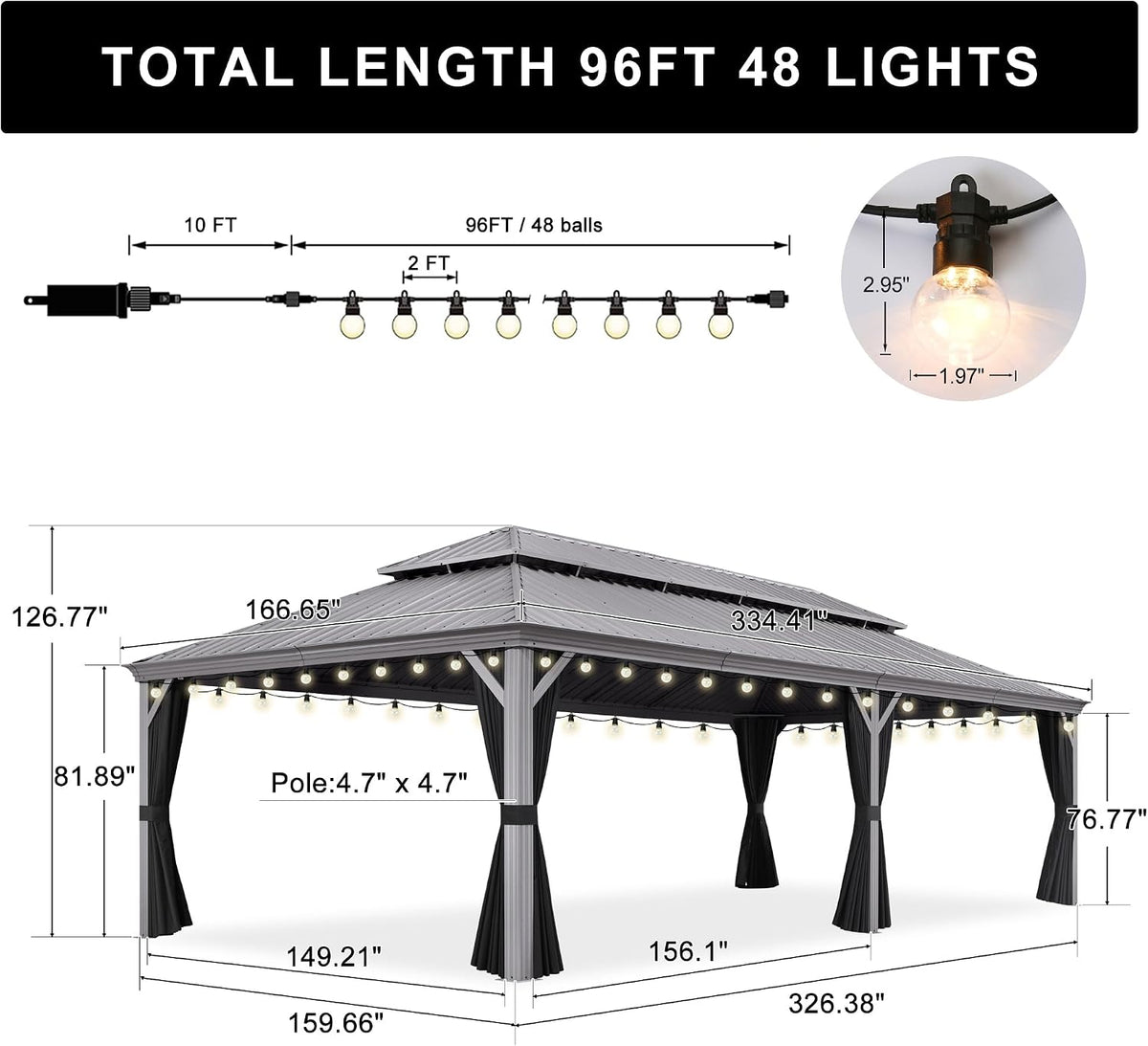 PURPLE LEAF Outdoor Gazebo 14' x 28' w/Lights & 4.7" Thick Post for Patio