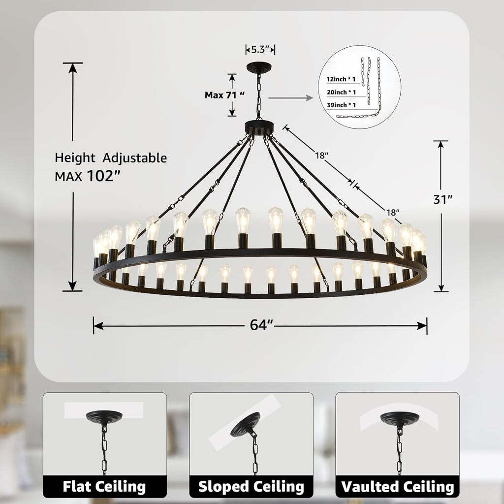 NILSE 64" Extra Large Wagon Wheel Chandelier 36-Light Round Light Fixture