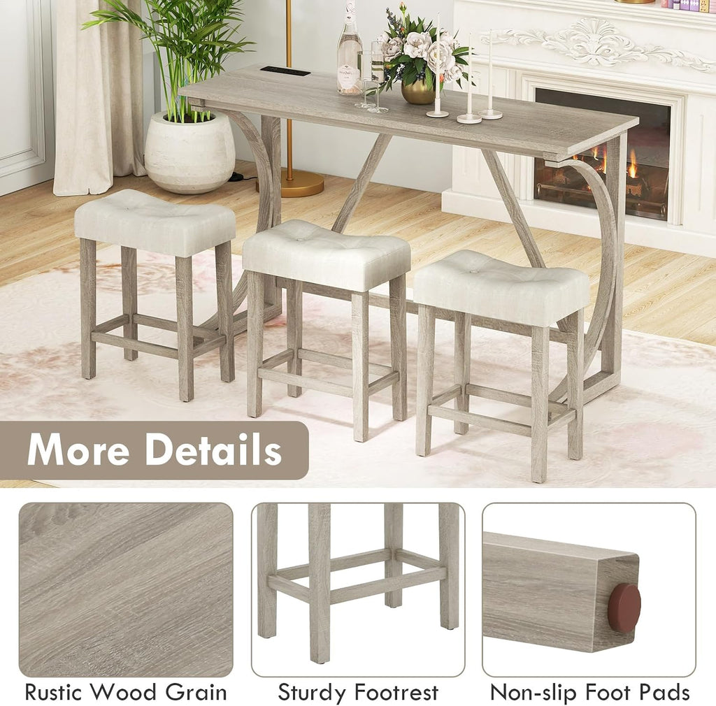 GIANTEX Small Dining Table Set - 4-Piece Bar Table and Chairs Set with Power Outlet, Upholstered Saddle Seat Stools, Counter Height Dining Table Set, Breakfast Nook for 3 People, Kitchen Table Set