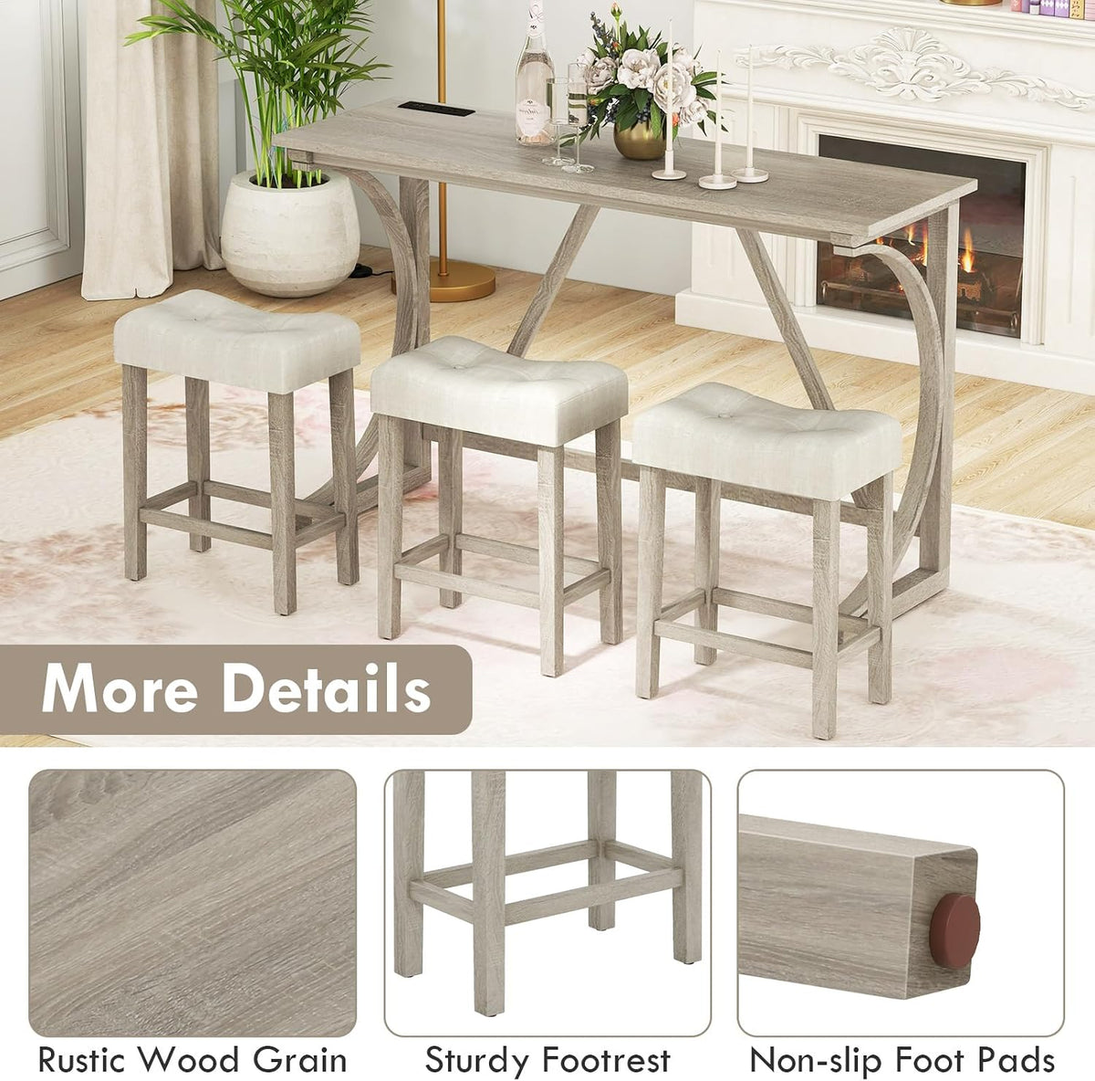 GIANTEX Small Dining Table Set - 4-Piece Bar Table and Chairs Set with Power Outlet, Upholstered Saddle Seat Stools, Counter Height Dining Table Set, Breakfast Nook for 3 People, Kitchen Table Set
