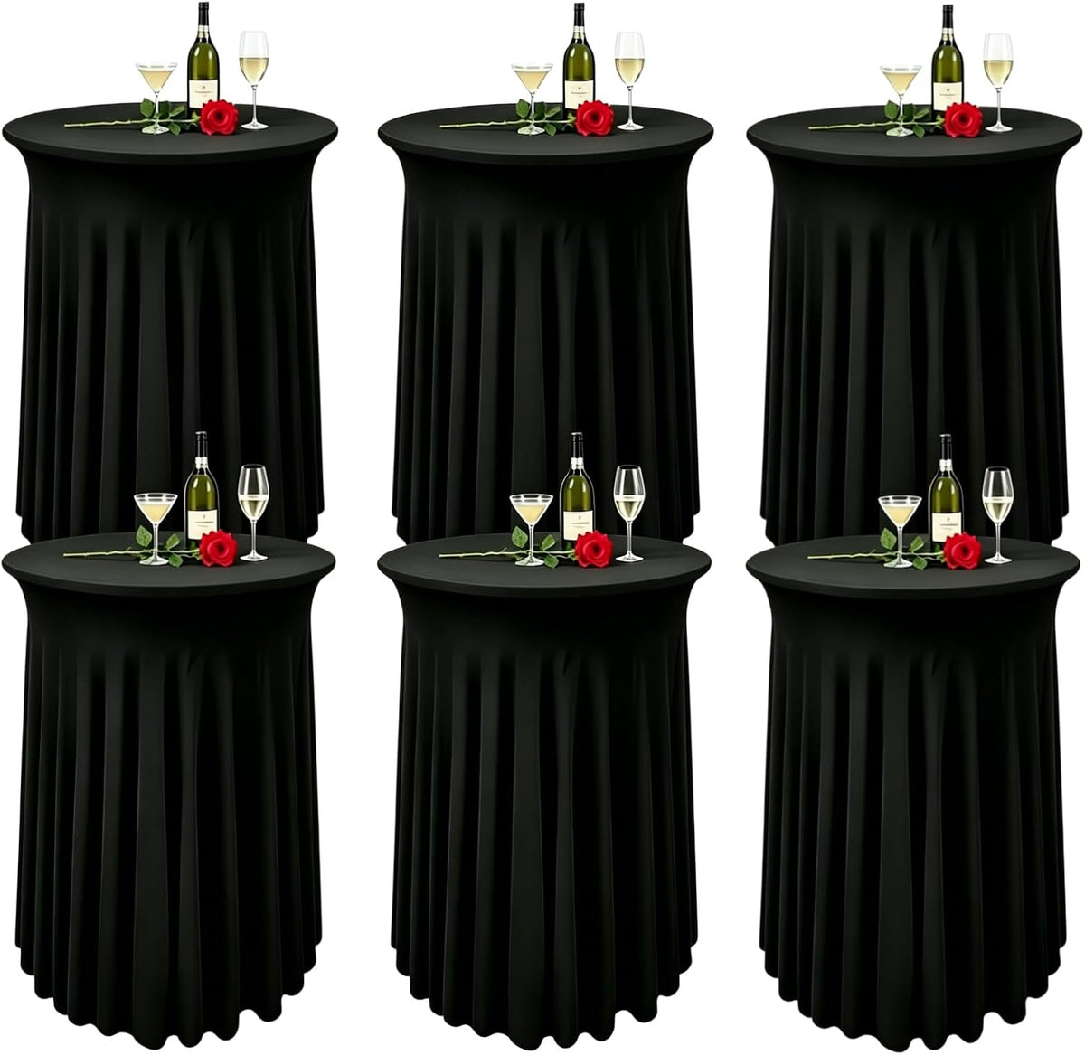 6 Pack Round Spandex Cocktail Table Tablecloth with Skirts, 32 x 43 Inch Black Spandex High Top Cocktail Table Covers, Stretch Fitted Round Cocktail Tablecloths for High Top Bar Party Wedding Banquet