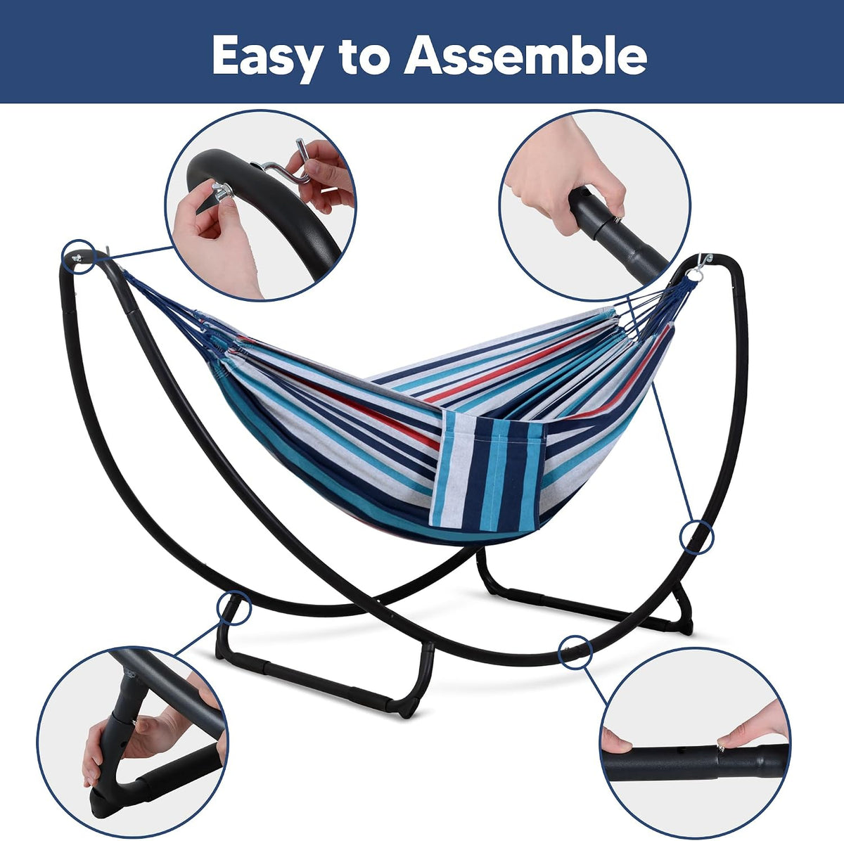 SUNCREAT 2 Person Hammock with Stand, Space Saving Free Standing Hammock with Stand Included, Patent Pending, Blue Red