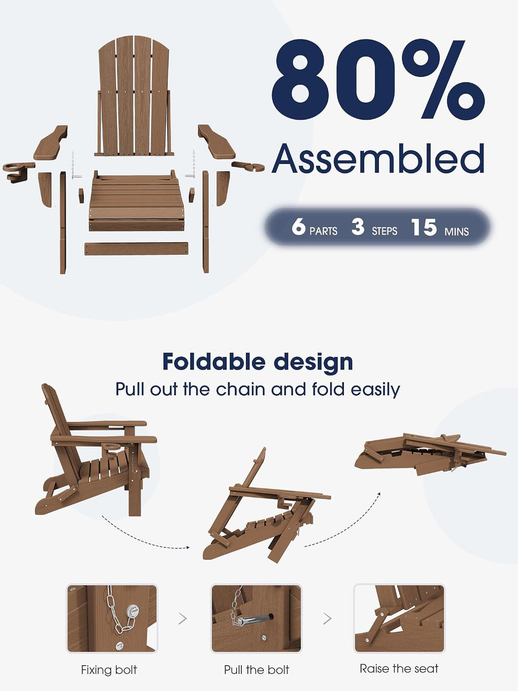 KINGYES Folding Adirondack Chair Set of 6 with 2 Cup Holders, Brown