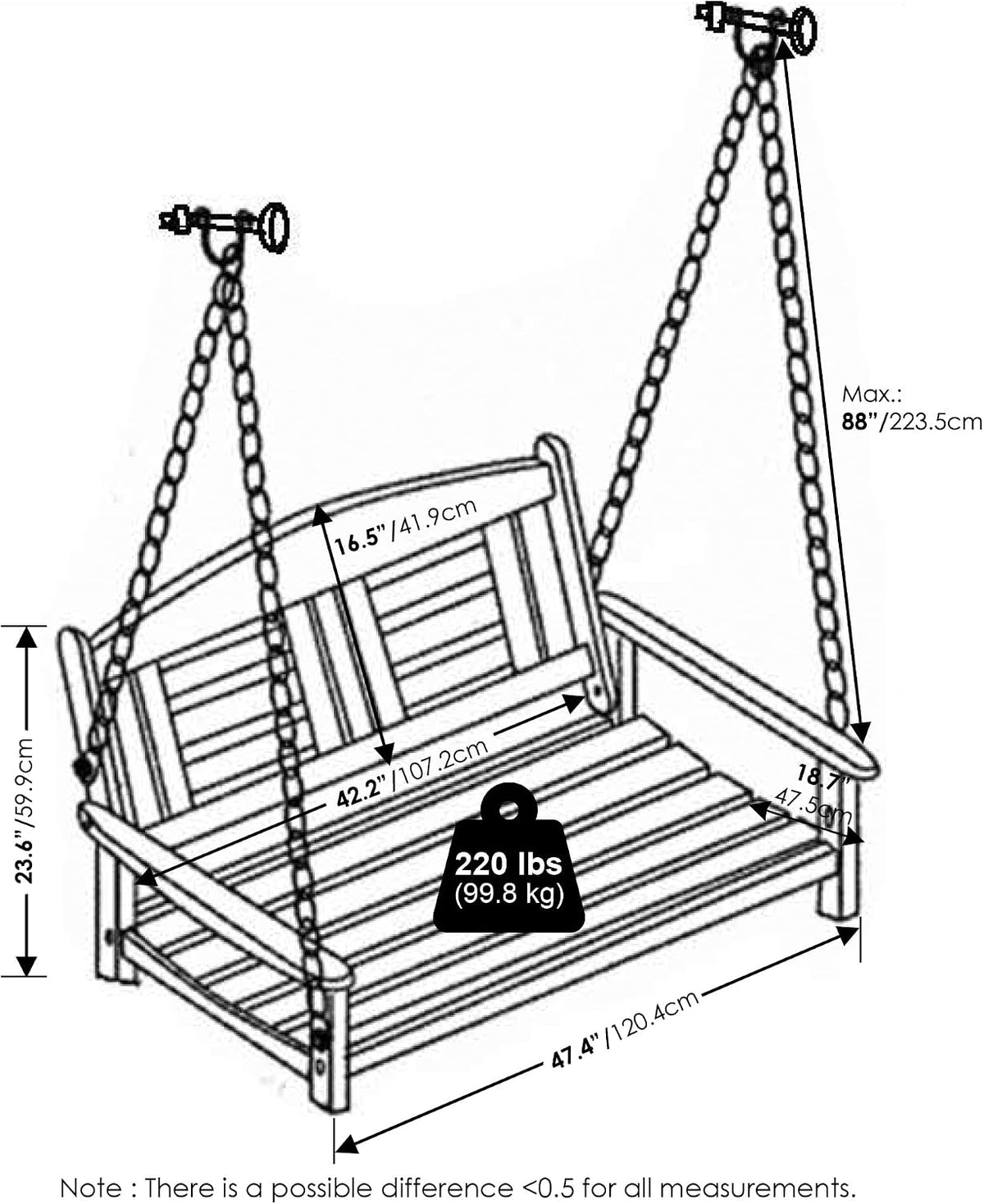 Furinno TIOMAN Hardwood 2-Seater Porch Swing with Chains, Natural