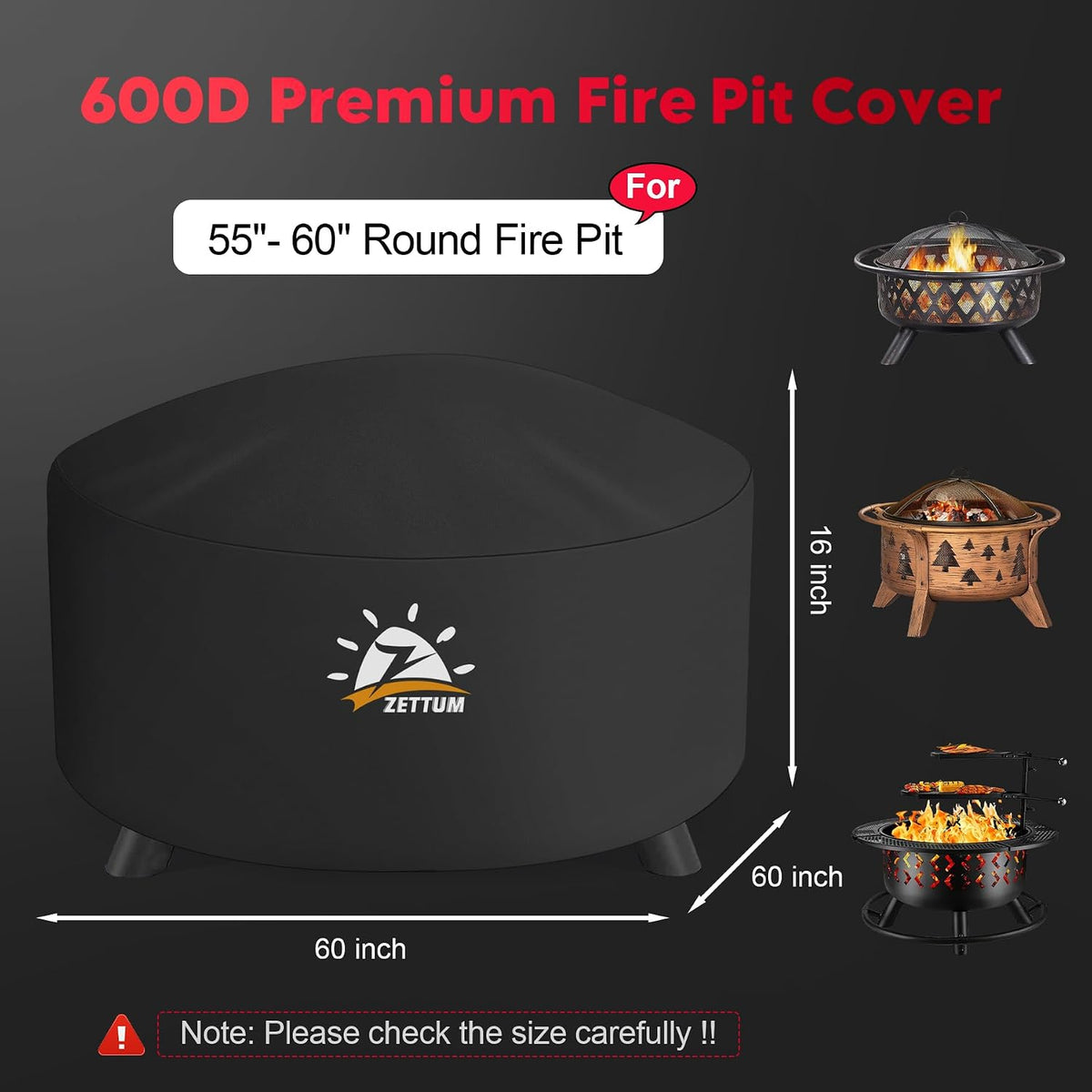 Zettum Fire Pit Cover Round 60 Inch - Outdoor Firepit Cover Heavy Duty & Waterproof, 600D Patio Fire Table Cover Large Gas Fire Pit Accessories Fade & Weather Resistant - 60 x 60 x 24 Inch