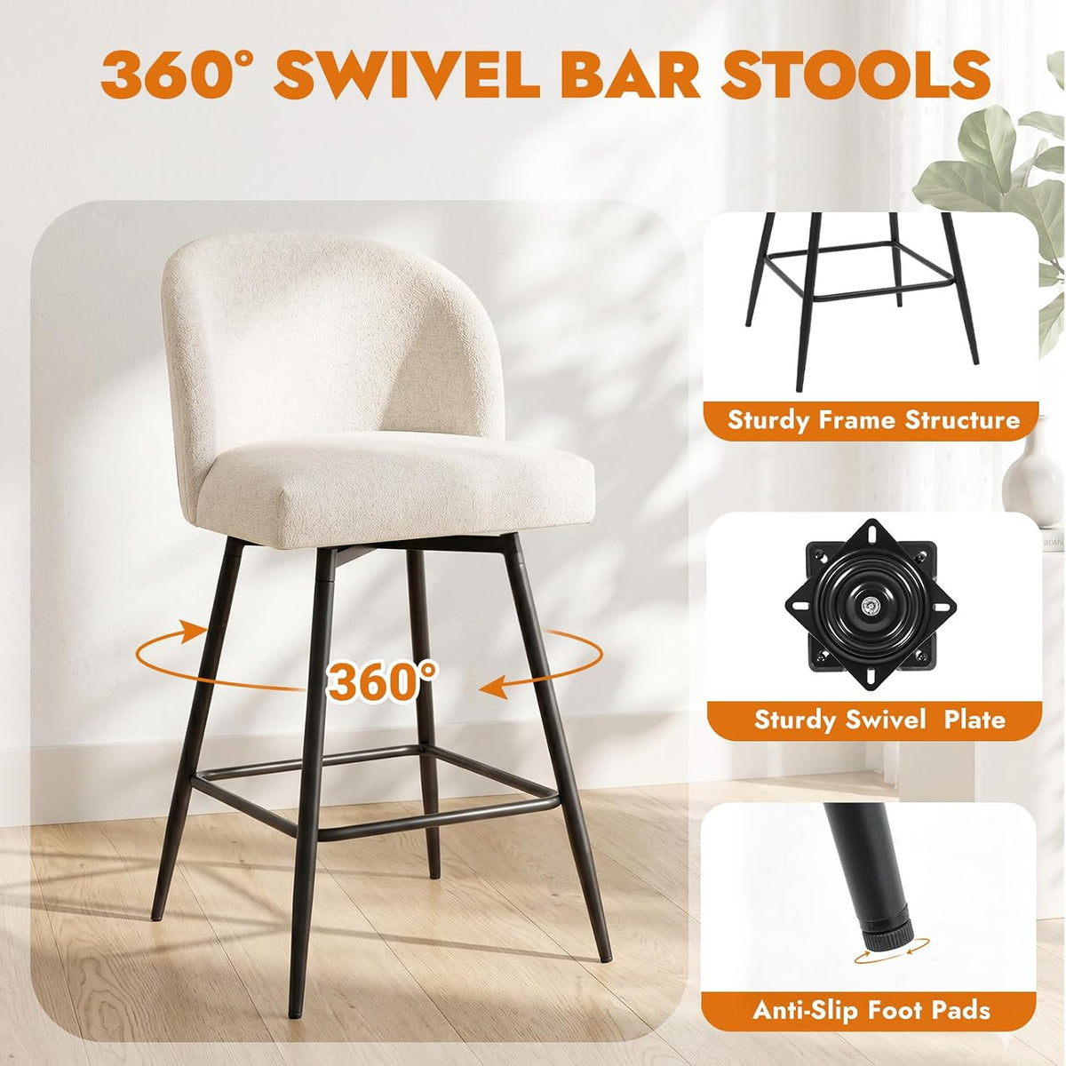 Counter Height Bar Stools Set of 2, 360° Swivel Upholstered Barstools with Backs and Metal Legs, 26" H Seat Height, Linen Fabric in Beige