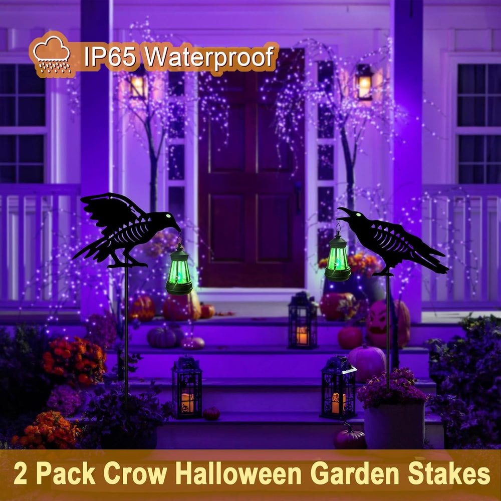 Halloween Decorations Outdoor,2 Pack Metal Crow Solar Lights Garden Stakes