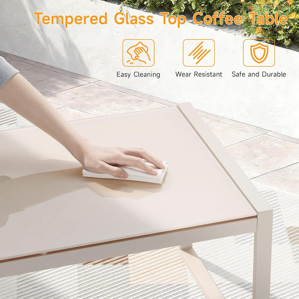 ONBRILL Rectangle Coffee Table with Tempered Glass Desktop, Sand