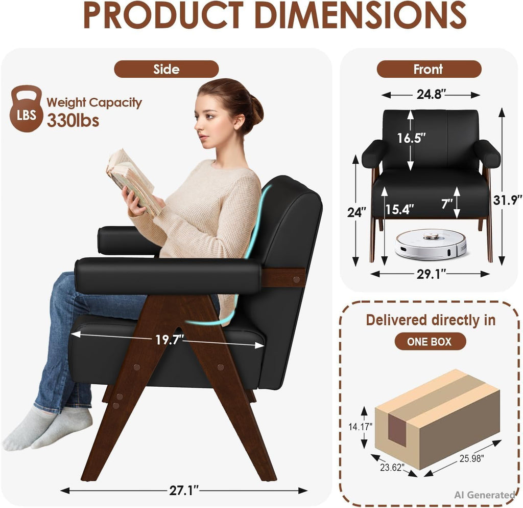 JIASTING Mid Century Modern Accent Chair Set of 2, Black Leather Armchair