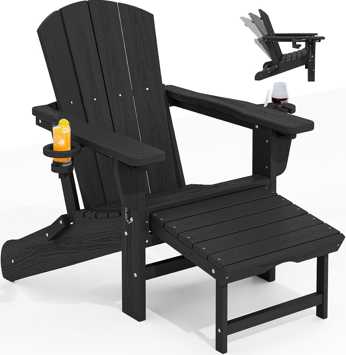 KINGYES Folding Adirondack Chair with Ottoman & Dual Cup Holders, Black