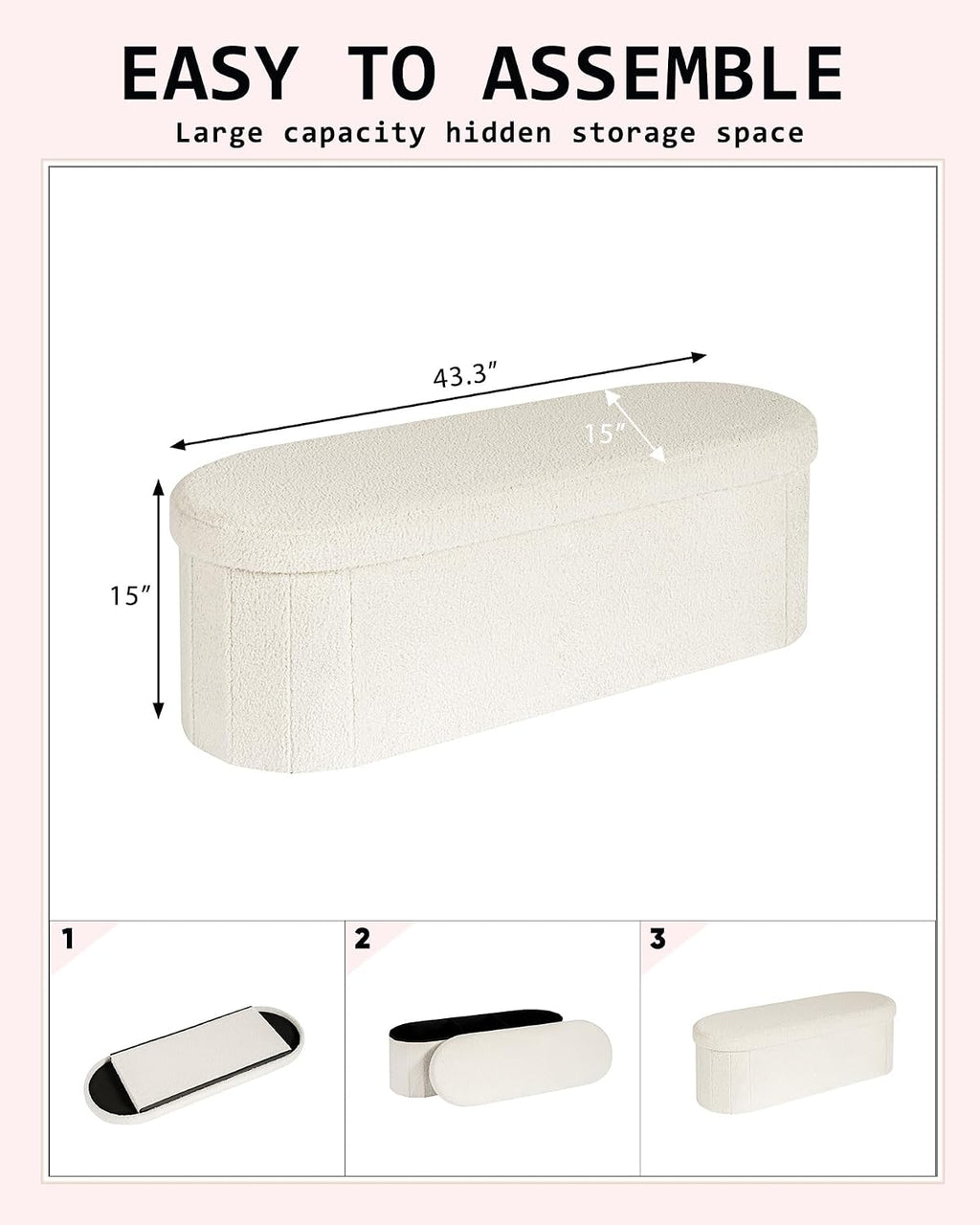 43.3 Inches Foldable Storage Ottoman Bench, Oval Footrest
